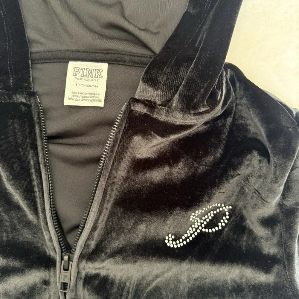 PINK Y2K  Victoria's Secret Cropped Velour Zip Hoodie Gray Small Rhinestone Logo